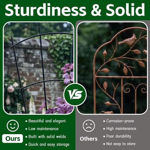 Comparison of 4 Pack 32 Inch Metal Plant Trellis and a rustprone trellis showing sturdiness and rustproof features for climbing plants.