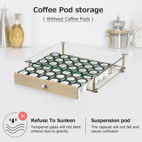 Coffee Pod Holder With Tempered Glass Top Drawer Holds 36 K Cup Pods, sleek beige organizer on kitchen counter