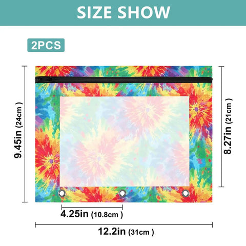 Tie Dye Zippered Coupon Organizer for Binders with Three Grommet Holes, rainbow tie dye pattern, size details shown