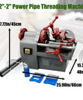 Heavy Duty Electric Pipe Threader For Half To Two Inch Npt Metal Pipes Comes With Tough As Nails Cast Iron Dies And A Built In Self Oiling System Powered By An All Copper Motor That Gets The Job Done Without A Hassle. Close-up of power pipe threading machine displaying dimensions and features.