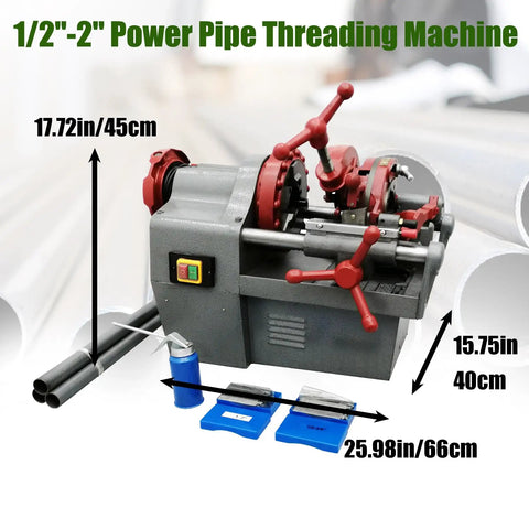 Heavy Duty Electric Pipe Threader For Half To Two Inch Npt Metal Pipes Comes With Tough As Nails Cast Iron Dies And A Built In Self Oiling System Powered By An All Copper Motor That Gets The Job Done Without A Hassle. Close-up of power pipe threading machine displaying dimensions and features.