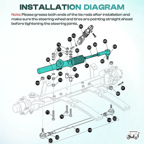 Installation diagram for TXT Steering Rack And Box Assembly For TXT Golf Carts 2001 Up Gas And Electric Replaces OEM 70964G01