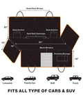 Dimensions diagram of Deluxe Dog Car Seat Cover For Back Seat With Breathable Mesh Window Hammock Four Layer Heavy Duty Waterproof Pet Protector Scratch Proof Car Seat Cover Ideal For Family Road Trips And Everyday Travel showing fit for various cars and SUVs.