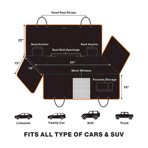 Dimensions diagram of Deluxe Dog Car Seat Cover For Back Seat With Breathable Mesh Window Hammock Four Layer Heavy Duty Waterproof Pet Protector Scratch Proof Car Seat Cover Ideal For Family Road Trips And Everyday Travel showing fit for various cars and SUVs.
