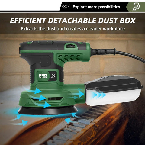 Solid Heavy Duty Five Inch Random Orbital Sander With Sweet Variable Speed Control Up To Thirteen Thousand Rpms And No Dust Cleanup Plus Loads Of Twenty One Piece Sandpaper For Easy Refinishing Jobs with detachable dust box