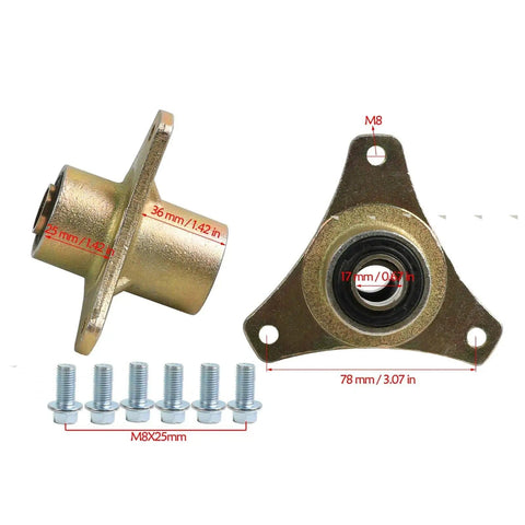 3 Stud Front Wheel Hub Steering Knuckle Spindle Kit For Go Kart ATV Quad 110cc 125cc With Gold Or Black Finish Center Hole About 17mm Ships Randomly For Easy DIY Install - close-up view of components
