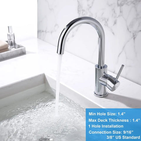Compact Chrome Bar Faucet With Single Hole Design, Stainless Steel Wet Bar Sink Tap, flowing water at modern kitchen sink