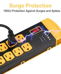 Close-up of Beefy Built Metal Surge Protector Power Strip With Eight Outlets And USB Ports Nine Foot Long Extension Cord 1800 Joules