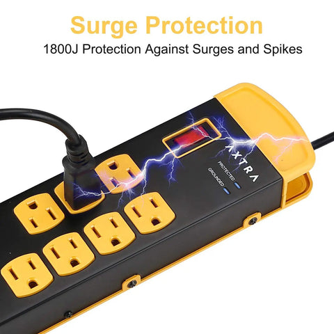 Close-up of Beefy Built Metal Surge Protector Power Strip With Eight Outlets And USB Ports Nine Foot Long Extension Cord 1800 Joules