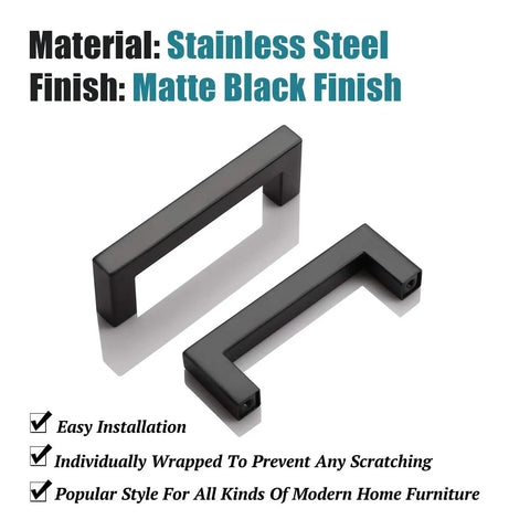Six Pack Black Stainless Steel T Bar Kitchen Cabinet Door Pull Handles, 3.5 Inch Center To Center, 4 Inch Overall Length