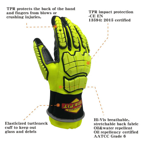 Rugged Extrication Gloves With Ultra Dexterity For Rescue Jobs, Grip-Ready Protection, EN 388 3X44EP, Hi-Vis Green, Size XL
