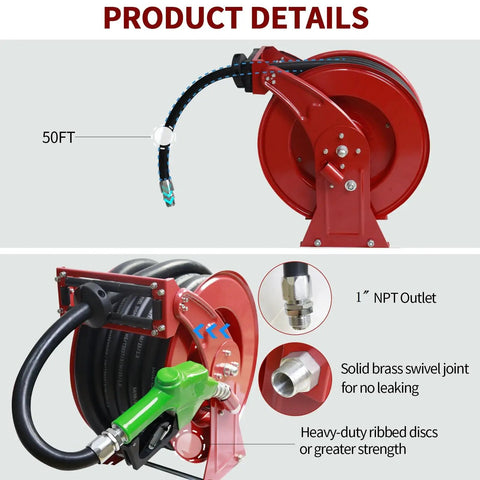 Detailed view of 1 Inch Fuel Hose Reel With 50 Ft Retractable Ratchet Spring Drive, Diesel Hose Reel With 360 Degree Swivel, Auto Shut Off Nozzle