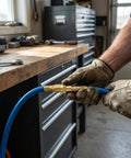 Hands connecting 10 Piece Brass One Quarter Inch NPT Quick Connect Air Fittings Kit With M Style Couplers to blue hose