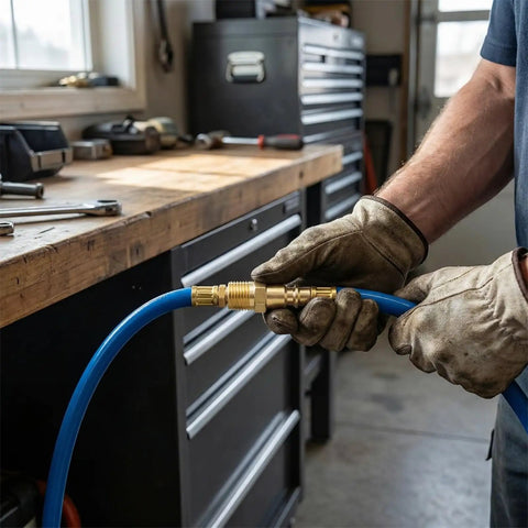 Hands connecting 10 Piece Brass One Quarter Inch NPT Quick Connect Air Fittings Kit With M Style Couplers to blue hose