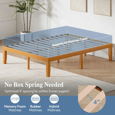 Built Tough Queen Size Platform Bed Frame In Real Natural Pine Wood With Thick Wooden Slats For Zero Wobble Support Never Requires A Box Spring And Flawless Setup For Your Bedroom Space, showcasing 4" spacing for mattress support.