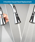 Universal Kitchen Faucet Head Replacement With Fifteen Adapter Kit, showing pull down sprayer's three functions, chrome finish