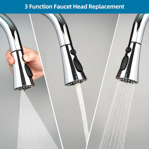 Universal Kitchen Faucet Head Replacement With Fifteen Adapter Kit, showing pull down sprayer's three functions, chrome finish