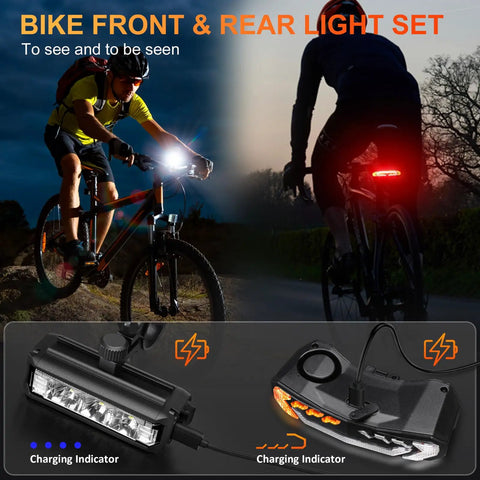 Ultra Bright Bike Light Set With Horn Alarm And Remote Tail Light With Turn Signals And Brake Light For Late Night Rides Front And Rear Rechargeable Headlights 900 Lumens Six Modes Anti Glare T Beam