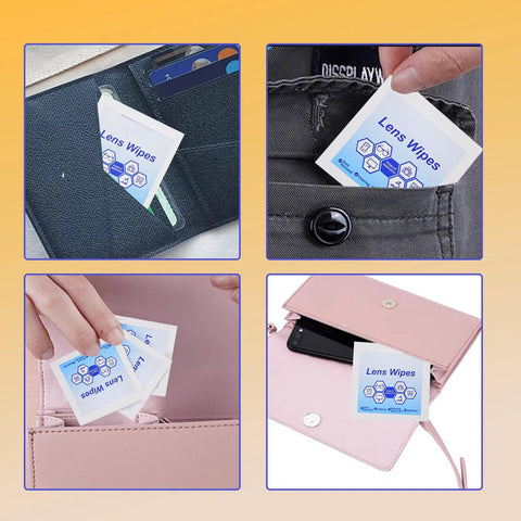 Lens Wipes for Eyeglasses, blue-labelled packets, 200 pieces; shown in pockets, wallet, and purse