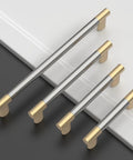 Slick 10 Pack Kitchen Cabinet Handles 5 Inch Brushed Satin Nickel Knurled Gold Drawer Pulls in assorted sizes on a surface.