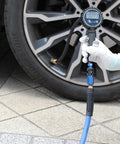 Lightweight Hybrid Air Compressor Hose Quarter Inch X 10 Feet Lay Flat Anti Kink Rubber Pvc Blend with digital pressure gauge and quick coupler.