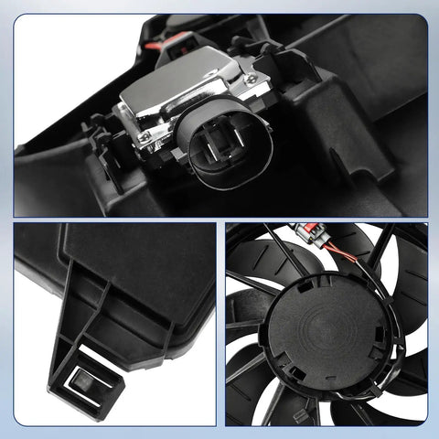 Engine Cooling Radiator Fan Assembly With Brushless Motor And Factory Shroud For Ford Focus Battery EV and 2 Point 0 Liter Engines view showing motor and connectors.