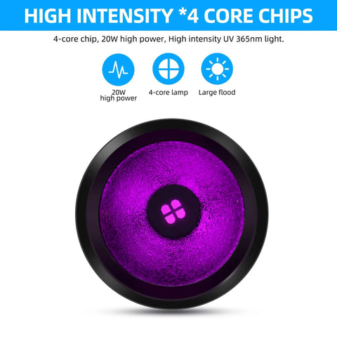 365nm UV Black Light Flashlight 20W Rechargeable Wood Lamp with 4-core chips for High Power Ultraviolet Light