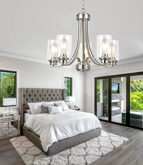 Bedroom with 5 Light Brushed Nickel Chandelier With Clear Glass Shades For Dining Room Kitchen Island Foyer Plus More Modern Traditional Pendant Lighting Fixture For Any Space