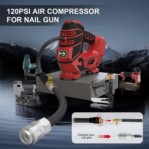 Cordless Tire Inflator And Air Tool For Milwaukee 18V Battery On The Go 160 PSI Portable Air Pump with attached hose and connectors