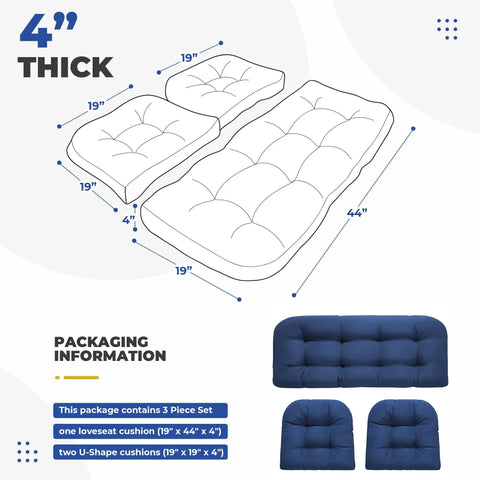 Wicker Chair Cushions Set Waterproof Outdoor Cushions For Patio Furniture 3 Piece Blue With 1 Loveseat And 2 U Shaped Cushions