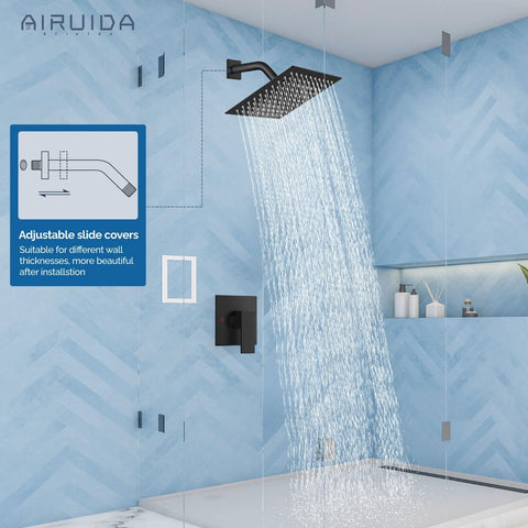 Airuida matte black 8-inch rainfall shower head with wall-mount faucet set, single-handle control valve