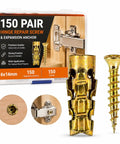 DIY Friendly Hinge Repair Kit With Screws And Expansion Anchors 6x14mm For Stripped Holes In Cabinets, Kitchen, Furniture, And Wood Doors, Gold Finish, 150 Pairs, Fast Fix For Loose Or Sagging Hinges packaging and components