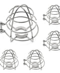 Five Pack Heavy Duty Half Or Three Quarter Inch Fire Sprinkler Head Guard Cage Protector Cover With Hella Rugged Zinc Steel Bracket. Silver guards arranged.