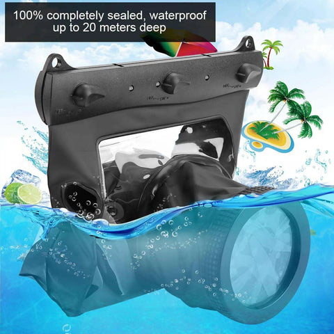 Fully Sealed DSLR Camera Housing With Anti Shock Design For 20 Meter Underwater Depth shown partially submerged in water.