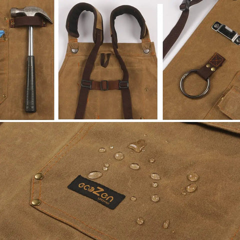Kickass Heavy Duty Waxed Canvas Woodworking Apron For Men Featuring Boss Level Pocket Layout With Slick Tool Storage showing dual hammer loops and water-repellent fabric.