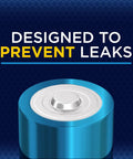 Close-up of blue D cell battery emphasizing design to prevent leaks, part of High Energy D Cell Batteries 12 Pack Alkaline Power For Flashlights Toys And Stereos With Long Lasting Performance And Ten Year Storage Guarantee For High Use Devices And Emergency Kits.
