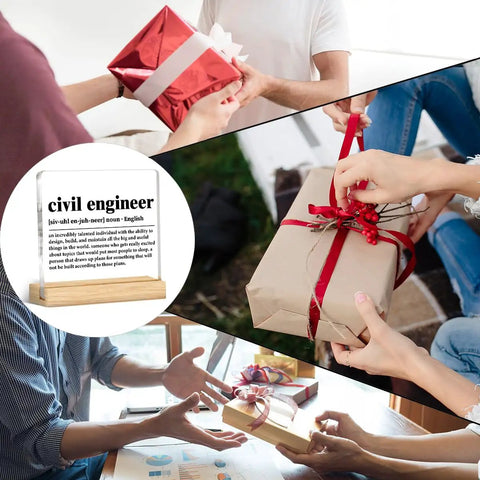 Collage of hands exchanging gifts and a Clear Acrylic Desk Plaque Sign For Civil Engineers Cool Office Decor Gift For Engineers Engineering Gifts For Civil Engineer Definition Plaque 4x4 Inch Sign With Wood Stand Desk Decor displayed on a desk.