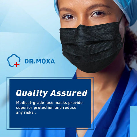 Woman wearing a Black 3 Layer Disposable Face Mask Bulk Pack 500 Count ASTM Level 2 Medical Grade Protection Soft Elastic Earloops.