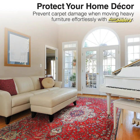 Heavy Furniture Sliders For Carpet And Hardwood Floors Beige Two In One Three And A Half Inch And Five Inch Sizes Make It A Breeze To Move Sofas Tables Desks And More 8 Pack in a living room with sofa and piano.