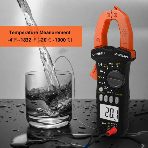 6000 Count Bluetooth Clamp Meter With TRMS Digital Multimeter measuring temperature next to water glass