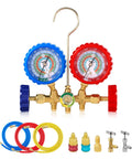 3 Way AC Manifold Gauge Set With 5 Ft Hoses For R134a R12 R502 R22 Automotive AC Service Kit With 29 Degree Adapter Piercing And Self Sealing Can Taps Pro Grade Antishock Gauges And Easy Readout, shown with blue and red gauges