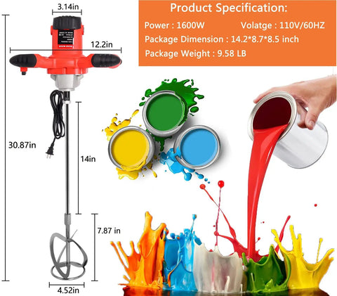 Heavy Duty Cement Mixer 1600W 110V Adjustable 6 Speed Concrete Mortar Drill Mixer For Home Projects Handheld Plaster Grout Paint Thinset Stirring Tool Red with specifications and paint illustration