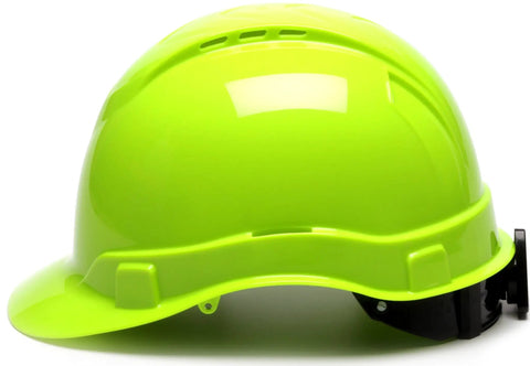 Side view of Ridgeline Cap Style Hard Hat With 4 Point Ratchet Suspension, Hi Vis Green Safety Gear For The Job Site, Lightweight ABS Shell