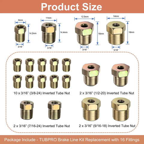 Detailed view of 10 x 3/16 inch and other sizes of inverted tube nuts from Heavy Duty Three Sixteenth Inch Copper Coated Brake Line Replacement Kit