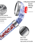 High Pressure Handheld Shower Head With Built In Filter And Water Saving Design showing filtration beads and spray settings