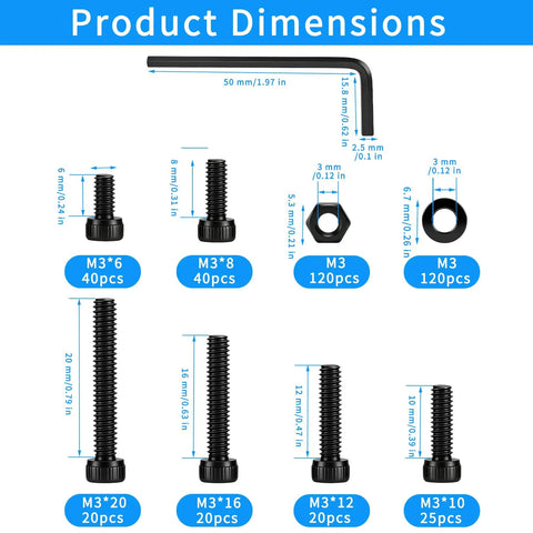 405 Piece M3 Screw Assortment Kit Loaded With Hex Socket Head Cap Screws Nuts And Washers Premium Metric Machine Bolt Set black screws and nuts dimensions