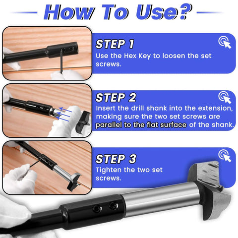 How to use Heavy Duty Forstner Bit Extension Set with hex key and drill shank installation steps for wood drills.