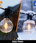 25Ft Solar String Lights Outdoor With Remote And Timer, Waterproof G40 LED Bulbs in rain and snow, solar panel visible