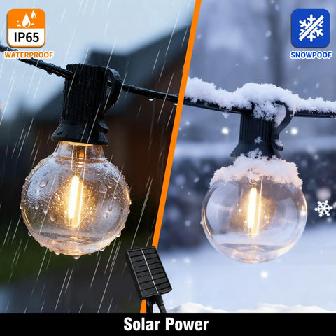 25Ft Solar String Lights Outdoor With Remote And Timer, Waterproof G40 LED Bulbs in rain and snow, solar panel visible