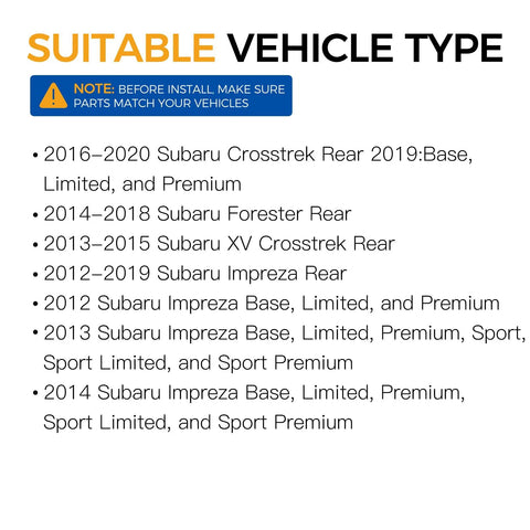 Suitable vehicle types list for 512518 Rear Wheel Hub Bearing Assembly for Subaru Crosstrek 2016 2020 and other models.